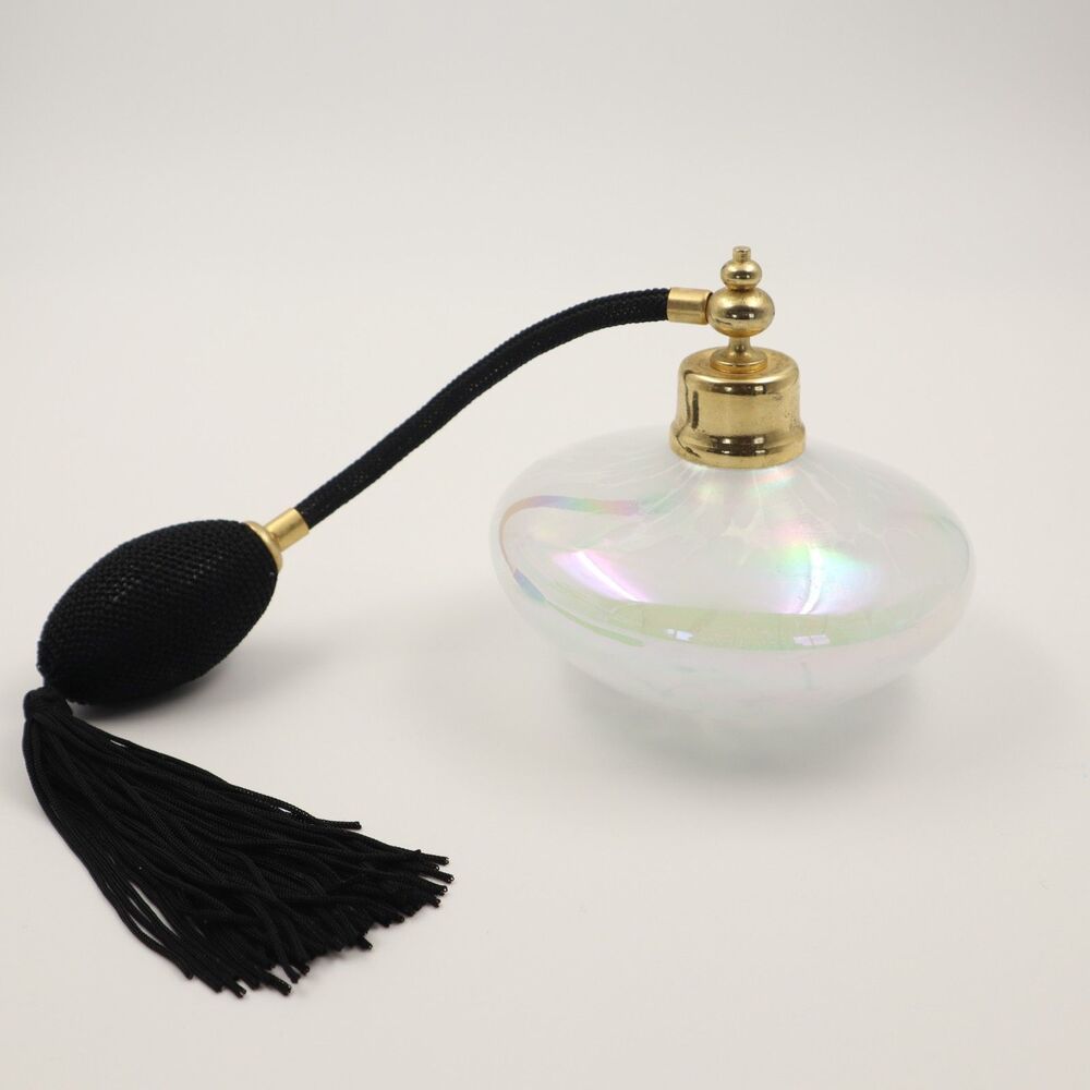 Vintage-Style Iridescent Glass Perfume Spray Bottle Black Bulb Atomizer & Tassel